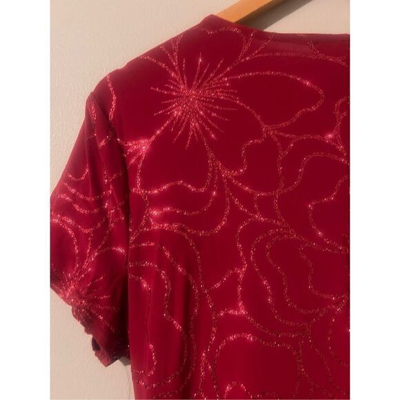 Perceptions Petite XL Short Sleeve Glitter Floral Dress Red Asymmetrical Holiday - Picture 10 of 15